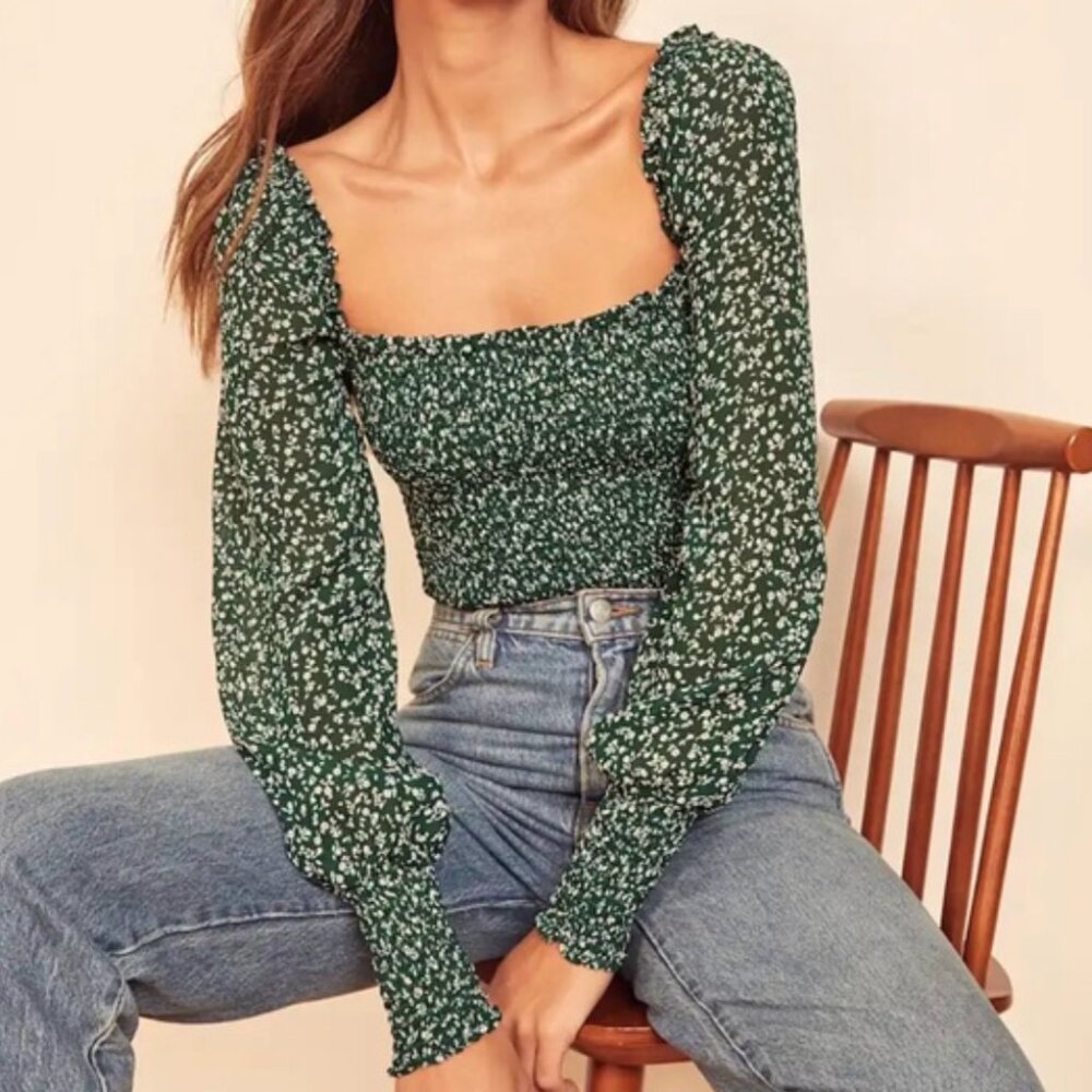 Women's Reformation Pinto Green Floral Smocked Long Sleeve Blouse - Size Small